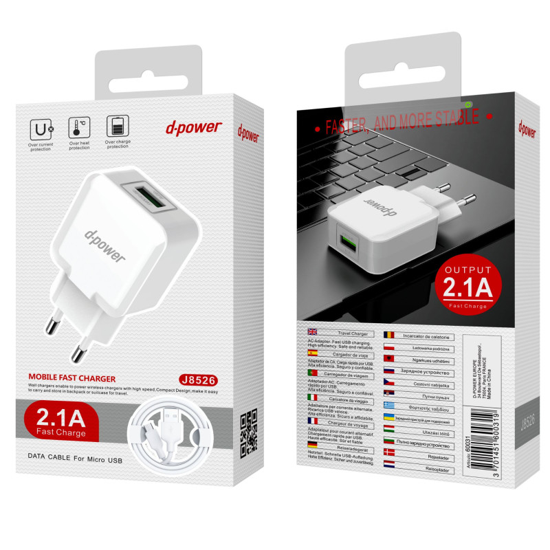Kit Chargeur Micro USB 2.1A - D-power J8526 - Blanc — D-power · Smarty Paris 18e